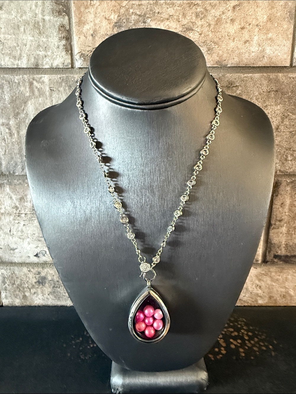 Freida Rothman Lumi Necklace with a Silver Teardrop Locket with Pink Pearls